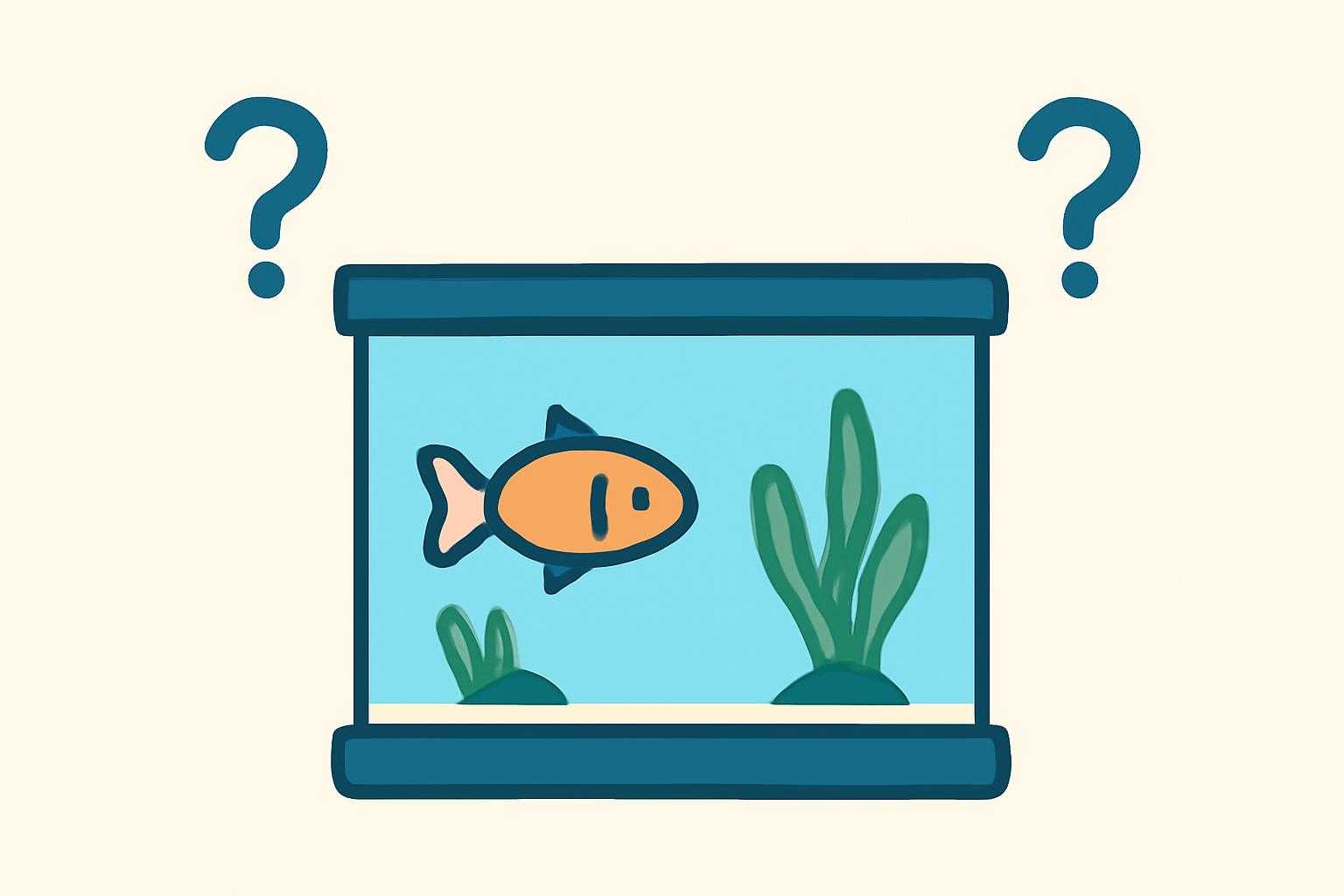 疑問符と水槽のイラストを組み合わせたシンプルなデザイン