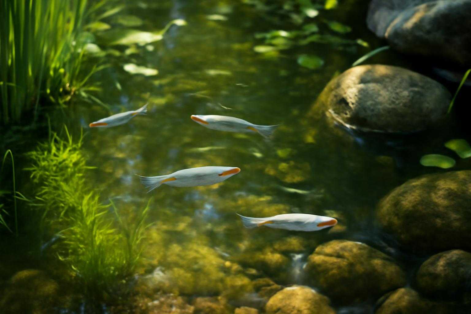 水草が生い茂る屋外の池でメダカが泳いでいる様子