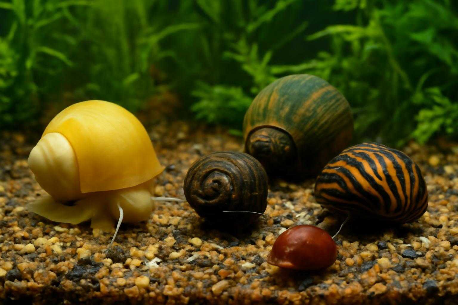 メダカ水槽に入った5種類の貝が並んでいる様子
