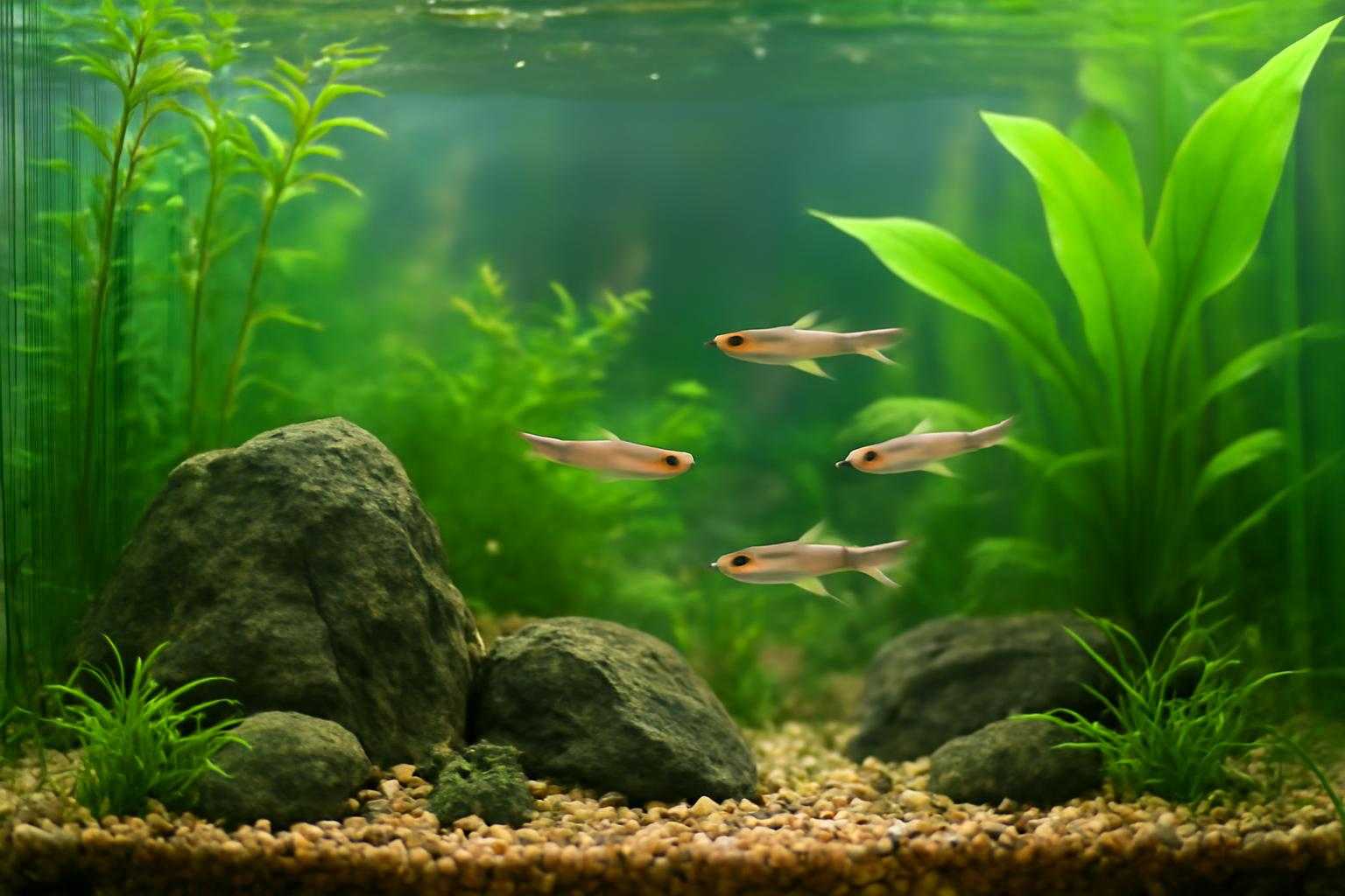 メダカが泳ぐ水槽に水草と石が配置されている環境