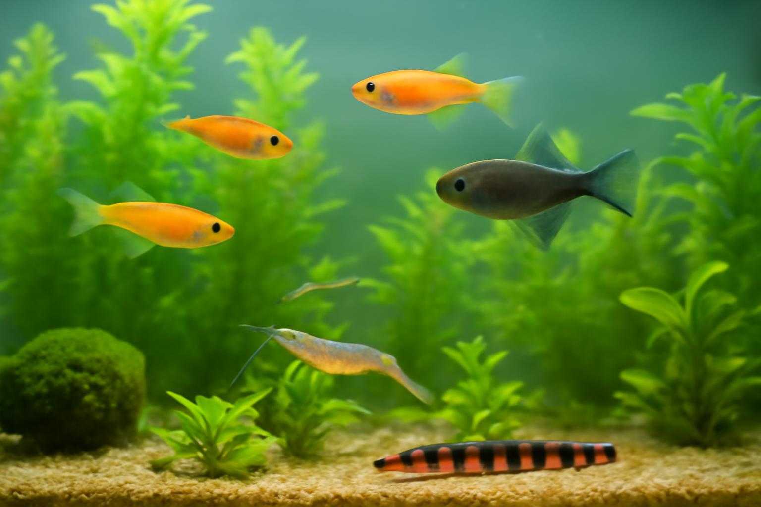 メダカと他の生き物が一緒に泳ぐ水槽の様子