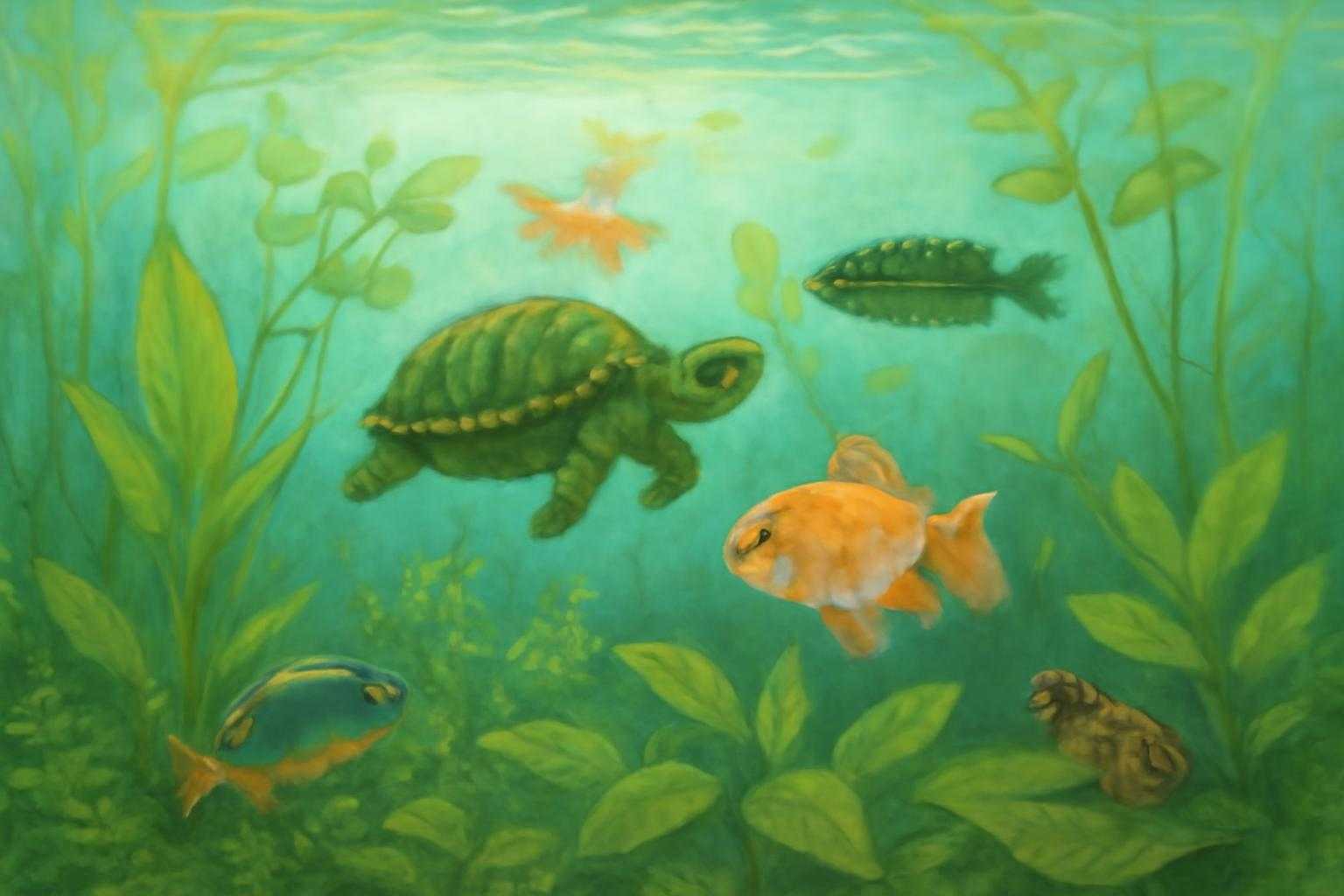 異なる種類の水生生物が共存する美しい水景