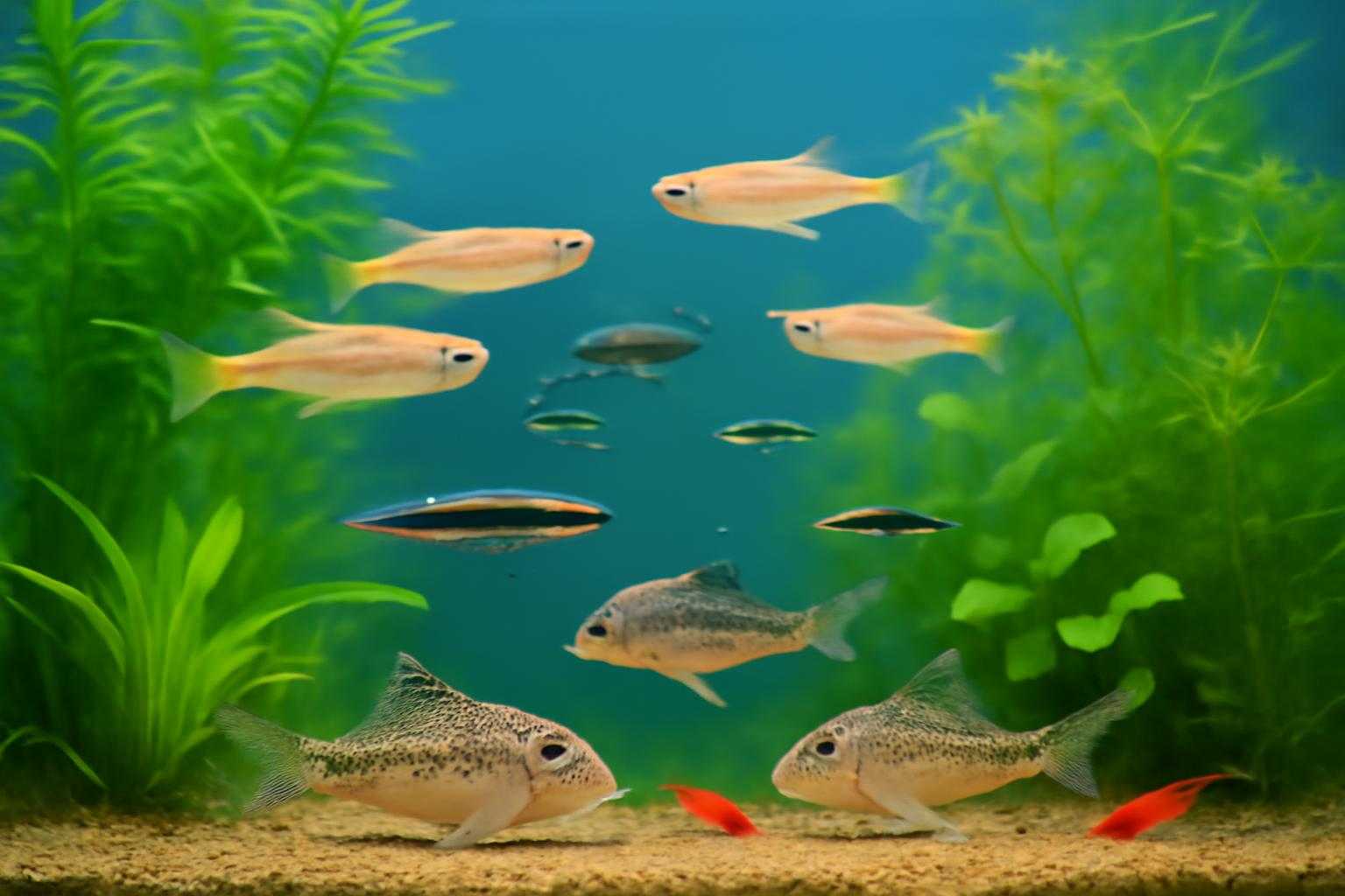 メダカと様々な淡水魚が一緒に泳いでいる様子