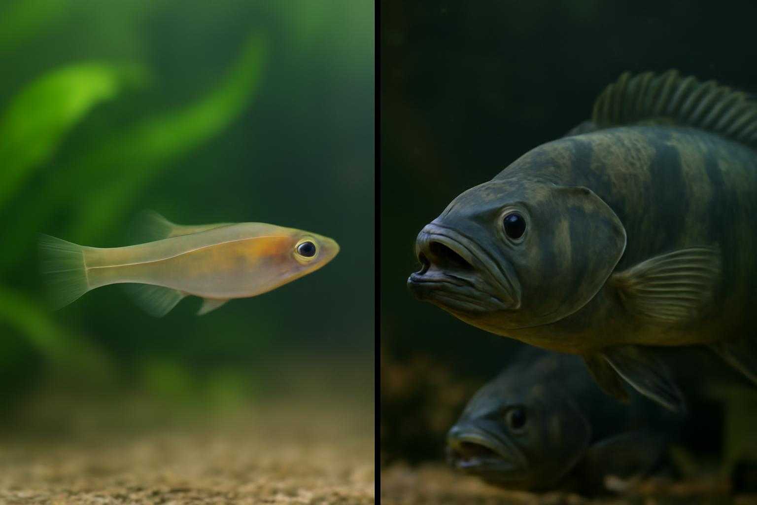 メダカと相性の悪い大型魚が対比される場面