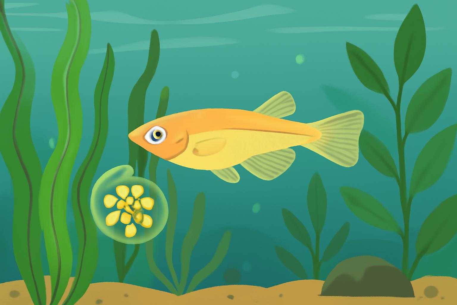 メダカの卵を水草に産みつけて保護する様子