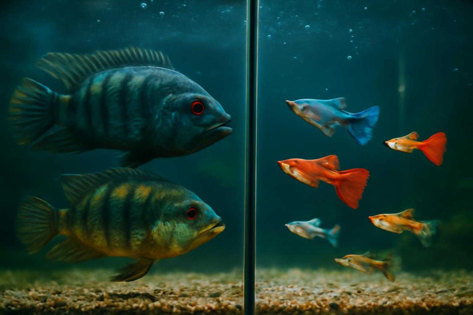 グッピーと相性が悪い大型肉食魚の水槽風景