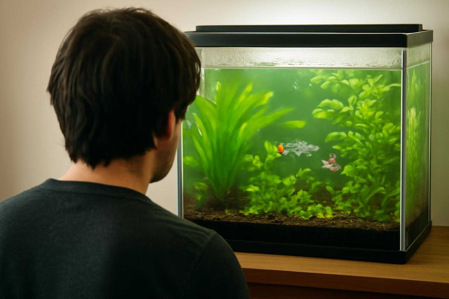 グッピーと水草について疑問を持つ人のイメージ