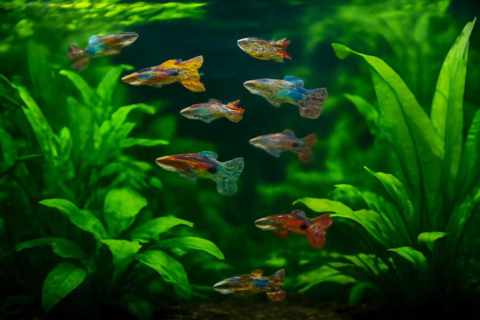 グッピー水槽にいろいろな種類の水草が育っている風景