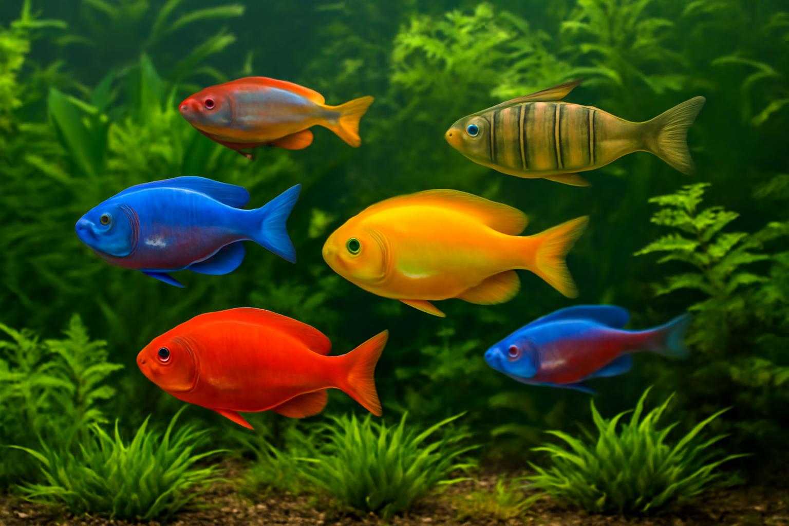 複数の熱帯魚が混泳する水槽の風景