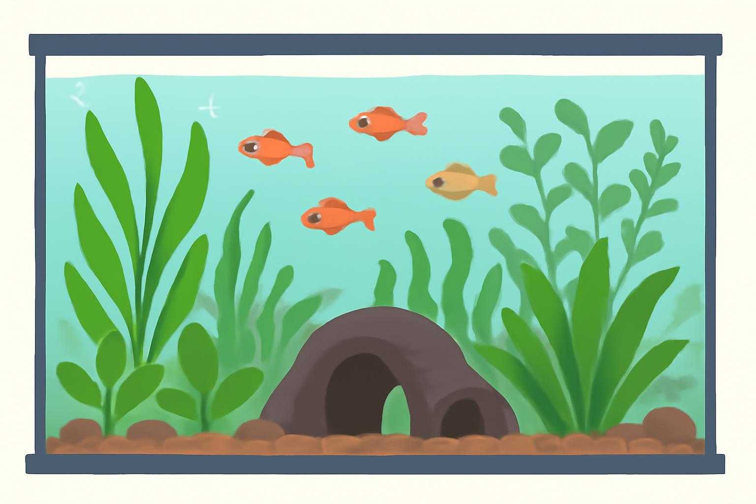水草が茂る水槽で複数の魚が暮らす飼育環境